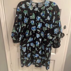 Black floral knee length dress with balloon sleeves